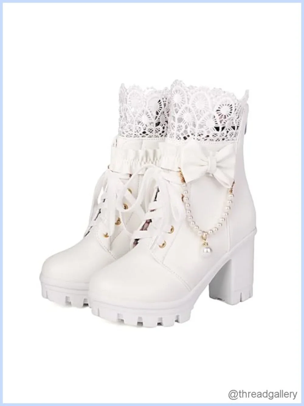 Gothic platform ankle boots with lace pearl chain bow chunky high heel combat